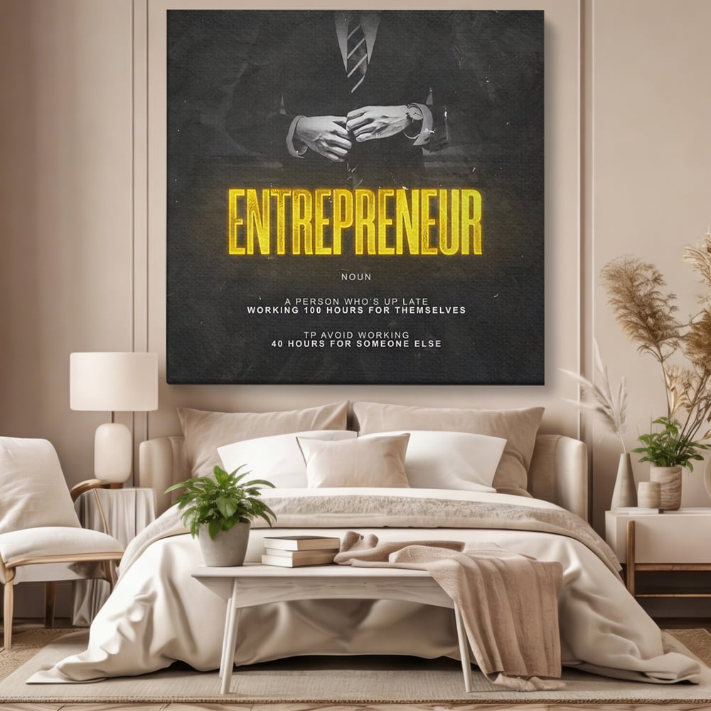 Tablou canvas cu ilustratie motivationala cu text si costum, fara rama, pe sasiu de lemn, pe perete intr-un dormitor